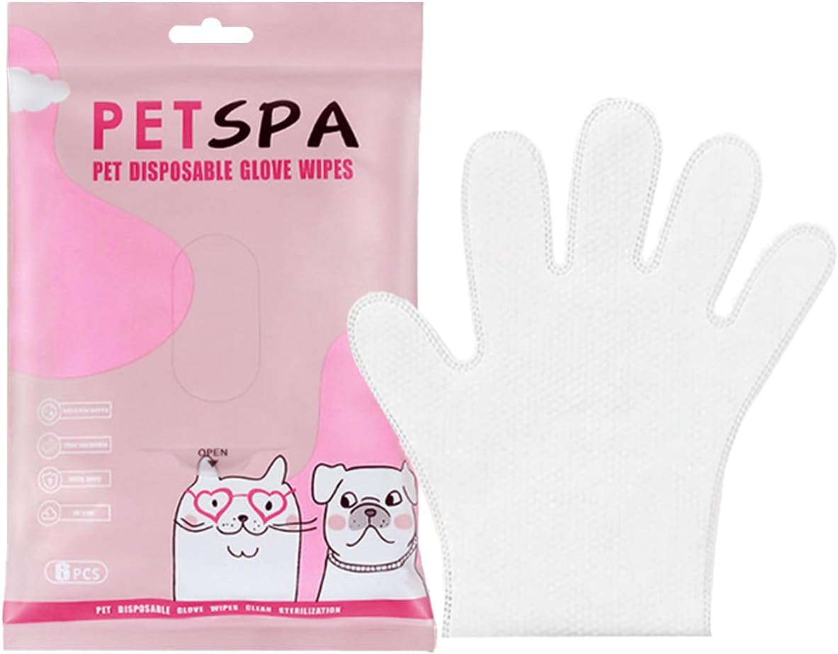Pet Glove Wipes for Dogs 6 PCS, Disposable Dog Bathing Gloves for Paws, Face, Butt, and Body, Pet Cleaning Wipes Deodorizing & Hypoallergenic, Rinse Free Grooming Wipes for Cats & Puppies