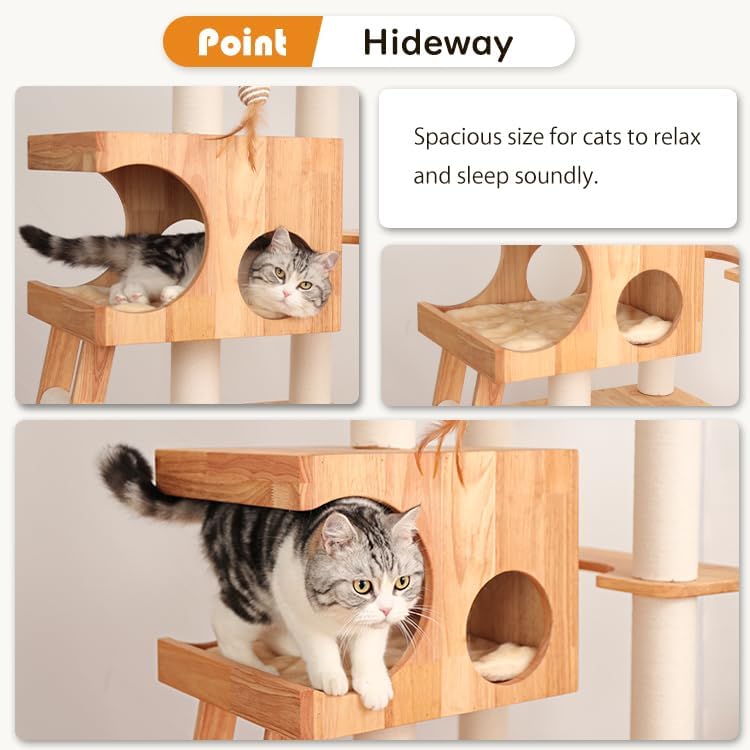 Wood Cat Tree for Large Cats, 62-Inch Tall Modern Cat Tower with Condo & Scratching Posts - Easy to Clean, Heavy-Duty, Furniture-Grade Design for Stable Climbing, Eco-Friendly (White 62'')