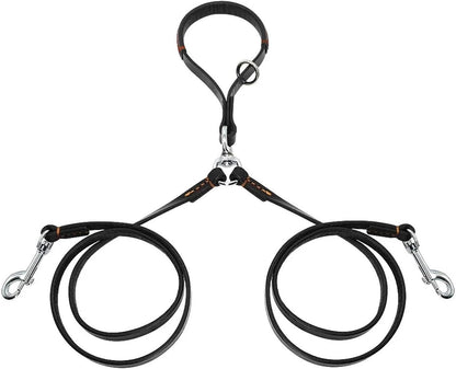 Dog Leash Double Two Pet Leather Leads NoTangle Coupler with Handle ，Compatible for Walking and Training(Black)