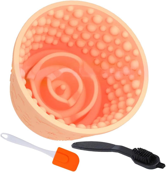 Dog Lick Bowl with Brush and Scraper, Anxiety Relief Silicone Slow Feeder Treat Dispenser, Anti-chocking Pet Dish, Non-Slip Interactive Entertainment Dog Puzzle Toy for Medium & Large-Light Orange