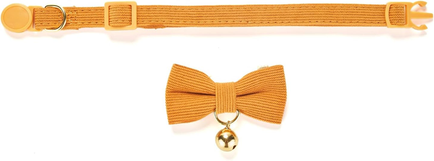Cotton Breakaway Kitten Collar with Bow Tie and Bell Adjustable Cute Soft Corduroy Cat Collars for Small Cats(Orange,XS)