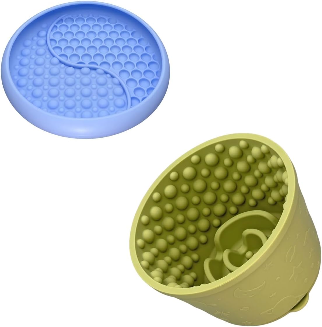 Slow Feeder Bowl Bundle: Light Blue Frozen Lick Mat (8.0" x 1.4") + Green Starry Sky Feeder (4.3" x 2.9"), Freeze-Friendly Lick Bowl with Suction Cups for Enrichment and Anxiety Relief