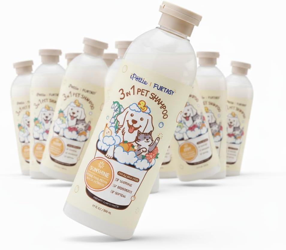 iPettie Furtasy Pet Shampoo, 3-in-1 Formula with Aloe, Herbal Extracts, Soothing, Deodorizing, Softening, Alcohol-Free, Sunshine Scent, 500ml, 16 Packs