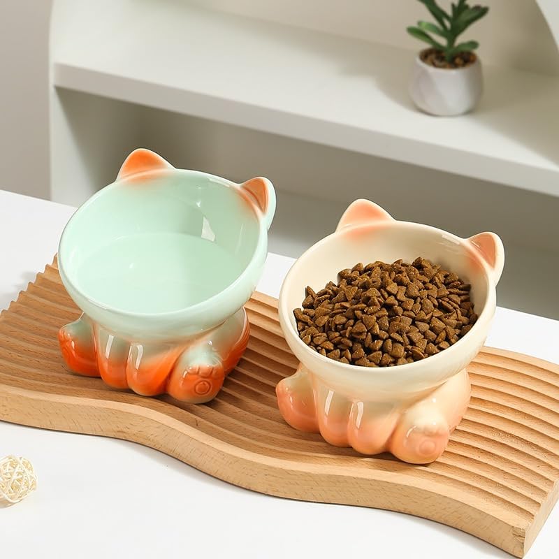 Paw Feeder Cat Bowl, Elevated Ceramic Cat Bowls for Small & Medium Cats – Slow Feeder Bowl, Kitten Essentials, Pet Supplies, Durable & Easy to Clean (Green)