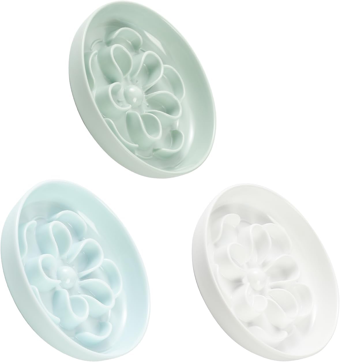 Melamine Cat Slow Feeder Bowl Set - Floral Maze Food Dishes for Cats and Small Dogs - Shallow Wide Plates for Dry & Wet Food - 3 Pack - White & Green & Blue