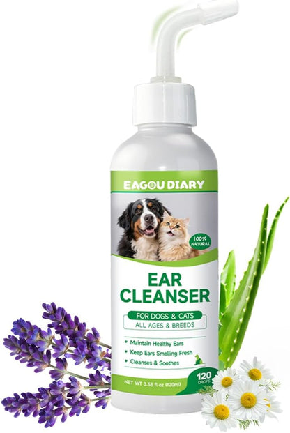 Cat & Dog Ear Cleaner - Gentle Cat & Dog Ear Cleaning Solution, Removes Debris, Wax Buildup, Odor, Itch Relief, 120ml Pet Ears Wash and Care with Aloe Barbadensis, Lavender, Chamomile, Non-Irritating