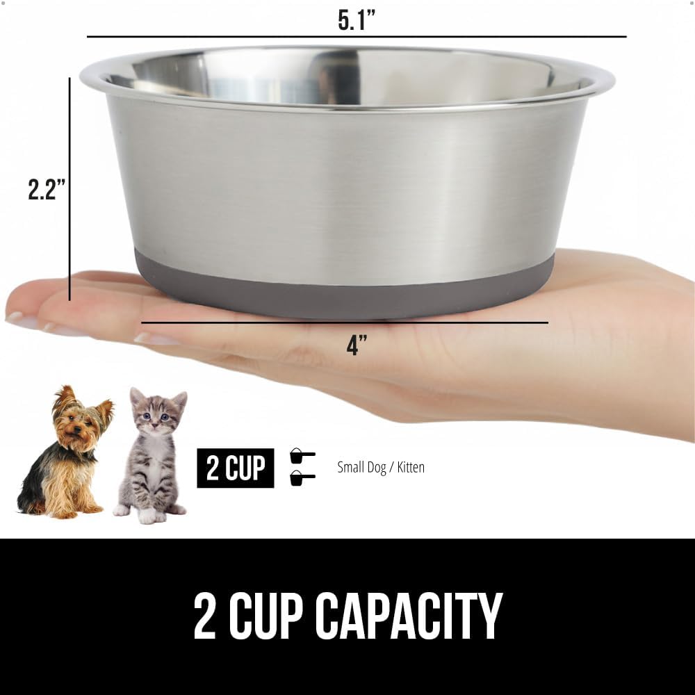 GORILLA GRIP Dog Bowls, Holds 2 Cups Each (16 fl oz), Heavy Duty Stainless Steel Food and Water Bowl for Feeding Dogs and Cats, Dishwasher Safe, Rust Resistant, BPA Free Rubber Base, Set of 2 Gray