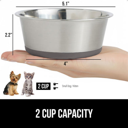 GORILLA GRIP Dog Bowls, Holds 2 Cups Each (16 fl oz), Heavy Duty Stainless Steel Food and Water Bowl for Feeding Dogs and Cats, Dishwasher Safe, Rust Resistant, BPA Free Rubber Base, Set of 2 Gray