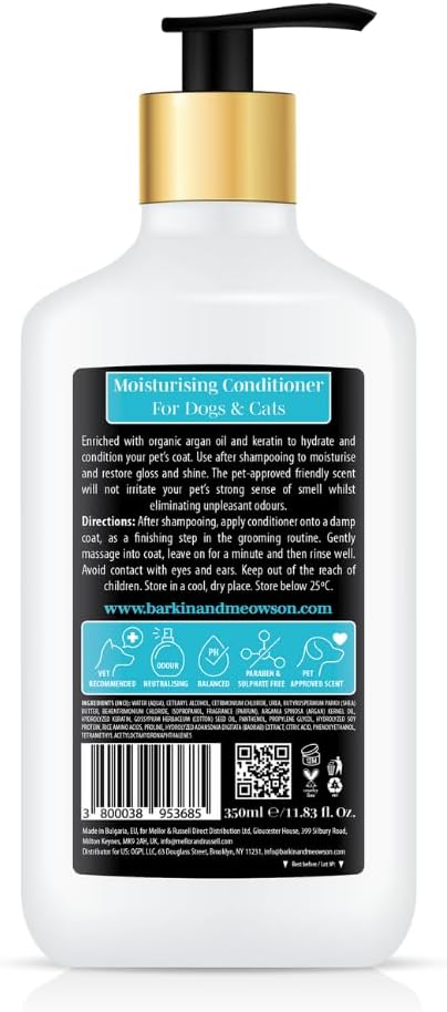 Barkin & Meowson Moisturizing Conditioner for Dogs & Cats 350ml / 11.83 fl.oz - Argan Oil & Keratin, Pet-Friendly Scent