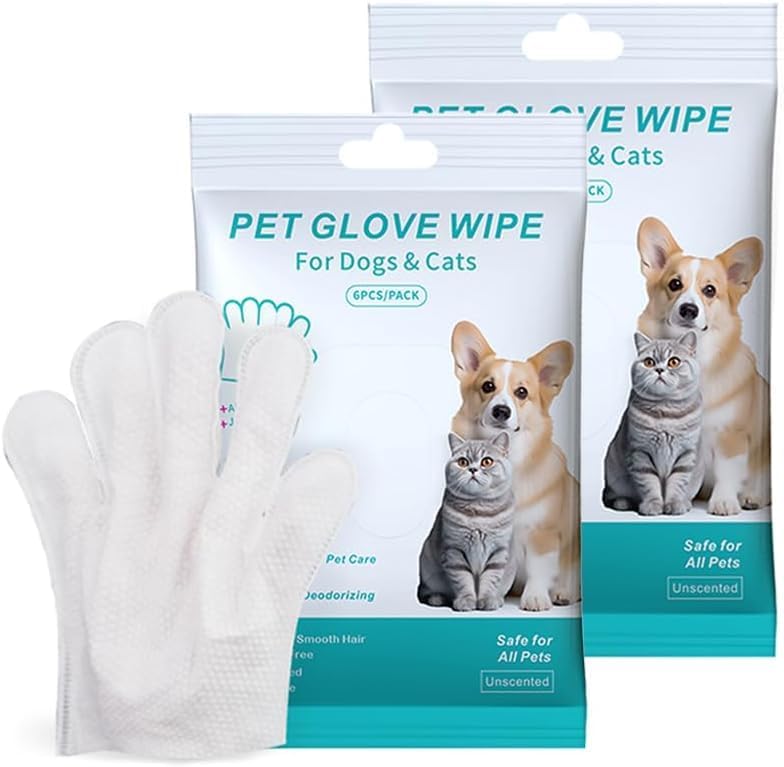 12PCS Pet Glove Bathing Wipes for Dogs Cats, Portable Thickened Safe Cleaning & Odor-Controlling Grooming Gloves, Nourish Fur Glove Wipes for Daily Care and Traveling, Rinse Free, Unscented. (2 Pack)