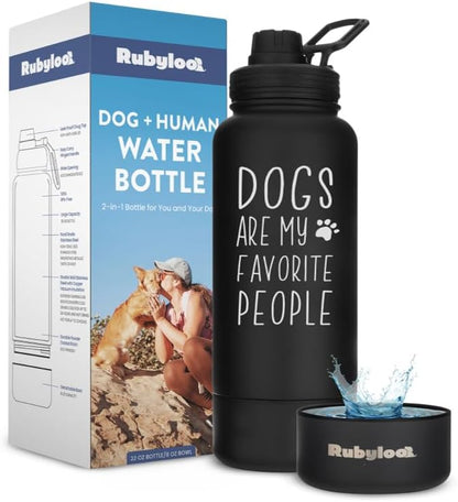 rubyloo Dog Mom Essentials Bundle - Puffer Tote with Storage Containers (Rust) and 32 oz Water Bottle with Detachable Bowl (Dogs Are My Favorite People) - Travel Bag and Hydration Set