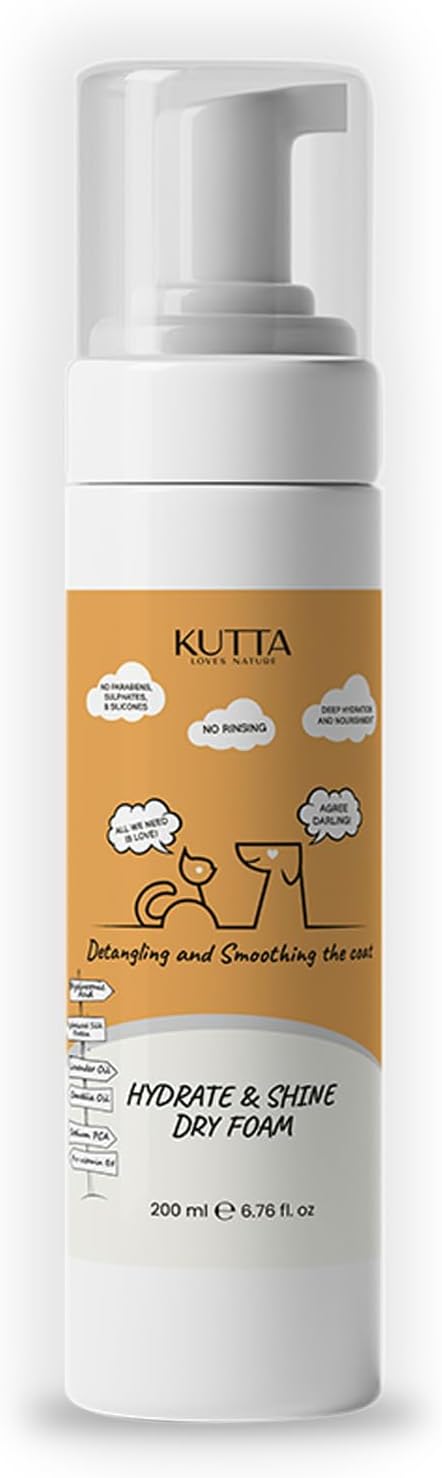Kutta Hydrate & Shine Dry Foam - Natural Silk Protein Waterless Bath Foam for Dogs and Cats, Gentle Daily Coat Care with Lavender Oil, Detangling Formula 200ml/6.7 oz