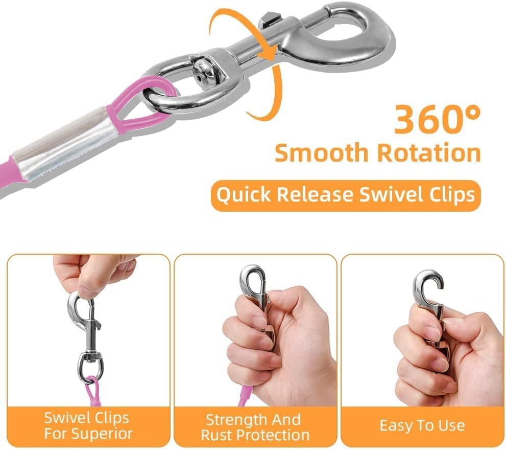 10FT Dog Tie-Out Cable for Small Dogs Up to 60 lbs - Chain Steel Dog Lead with Durable Clips, Outdoor Runner for Outside and Yard Tether (Pink, 60Ibs 20ft)