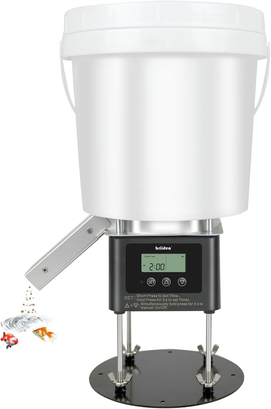 Automatic Fish Feeder for Pond, Briidea Outdoor Pond Feeder with 4L Capacity, Timed Feeding, Anti Clog System, Wildlife - Proof Design & Waterproof Housing