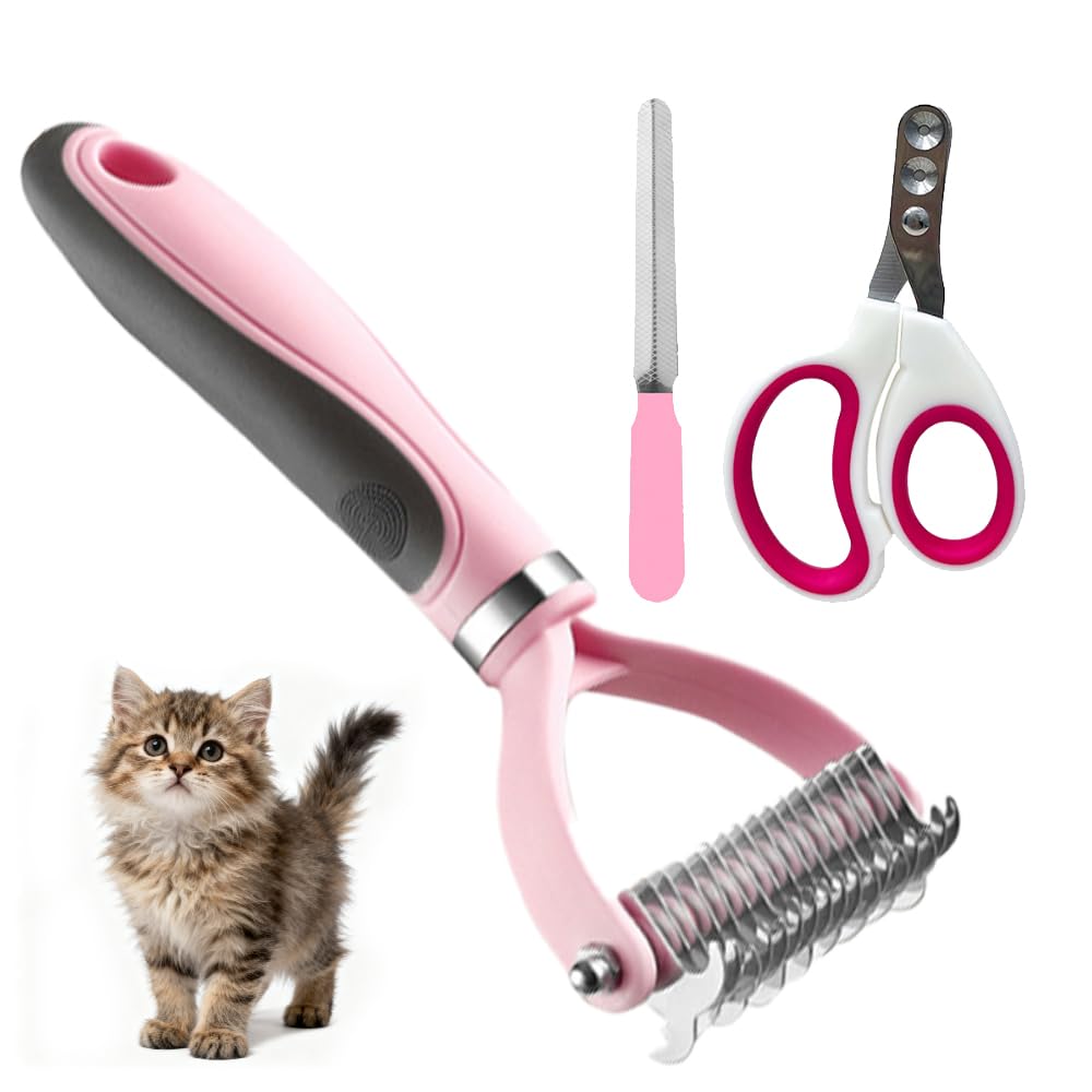 3Pcs Dog brush for shedding Undercoat Rake for Dogs & Cats - Double Sided Brush for Dematting Comb Grooming Tool kit -Dog Nail Clippers & Nail File