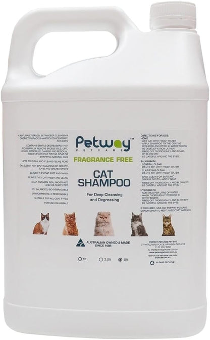 Petway Petcare Cat Shampoo, Natural Dandruff Shampoo, pH Balanced Cat Grooming Supplies with Plant Derived Surfactant, Free of Fragrance, DEA, Phosphates, Parabens & Enzymes, Removes Oil and Dirt, 5 L