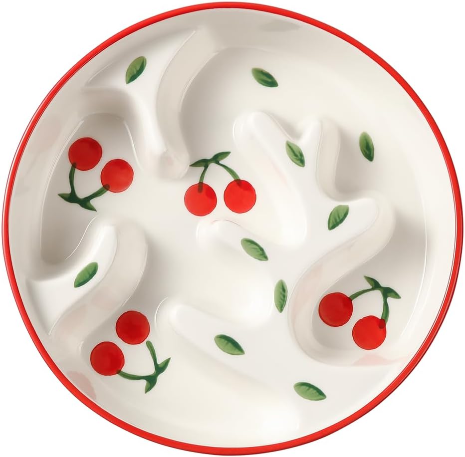 Ceramic Slow Feeder Dog Bowl - Portion Control Feeding Bowl for Medium Dogs – Cute Maze Food Dish for Fast Eaters - 3.1 Cups (310 g) - Doodle Series (Cherry)