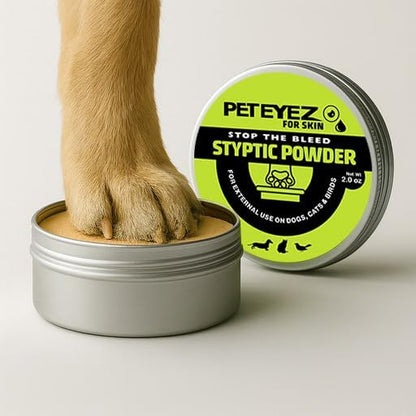 PetEyez Styptic Powder for Dogs, Cats & Birds (2 oz) – Fast-Acting Blood Clotting & Bleed Stop Powder for Pet Nail Trims, Clipping & Cuts – Easy-Use Wide Mouth DIP Can – First Aid Grooming Essential