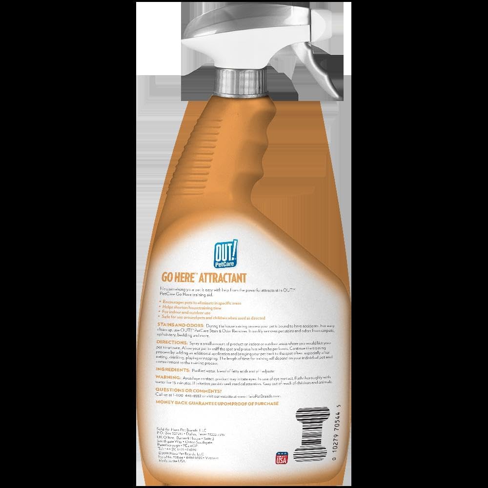 OUT! PetCare Go Here Attractant Dog and Puppy Potty Training Spray, Safe & Effective Puppy Pee Spray, Dog Housebreaking Supplies, Indoor and Outdoor House Training Tool, 32 oz