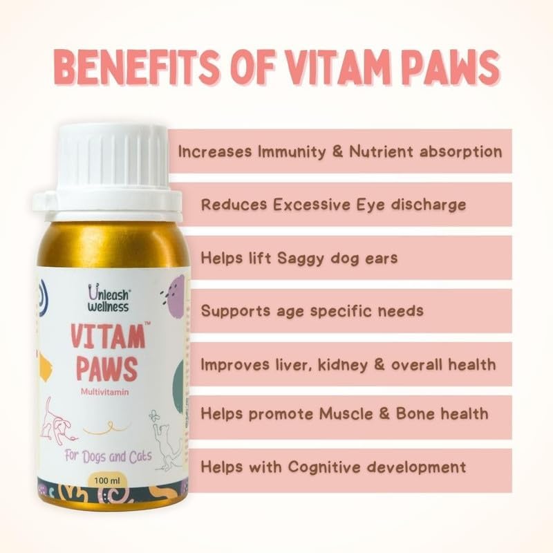 Vitam Paws Multivitamin for Dogs & Cats, Essential Vitamins & Minerals for Healthy Skin, Heart, Brain Function, Boosted Immunity & Growth, Suitable for All Breeds & Sizes (200ml)
