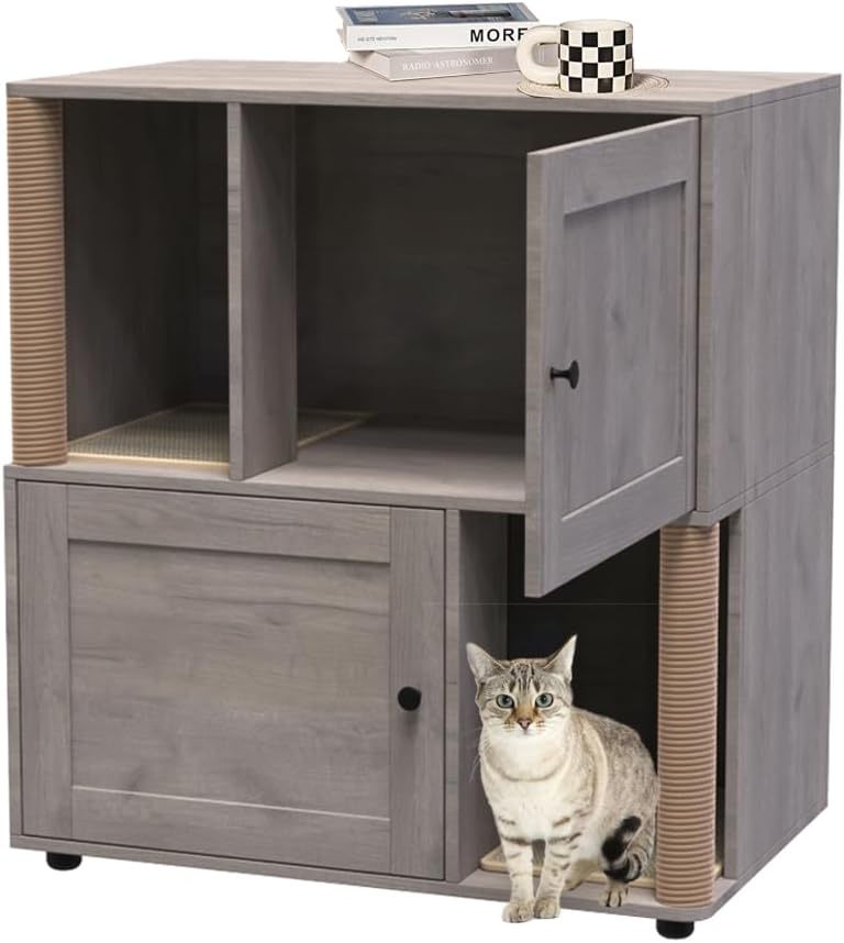 GarveeLife Cat Litter Box Enclosure for 2 Cats, Litter Box Enclosure with Double Room, Hidden Enclosed Cat Litter Box Furniture with Scratch Posts and Double-Layer Litter Mats Grey