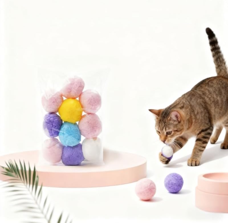 10Pcs Soft Plush Cat Ball 1.2-inch Rainbow Cat Toy, Cat Toy Plush Balls – Self-Entertainment Quiet Play Balls for Cats, Mixed Colors
