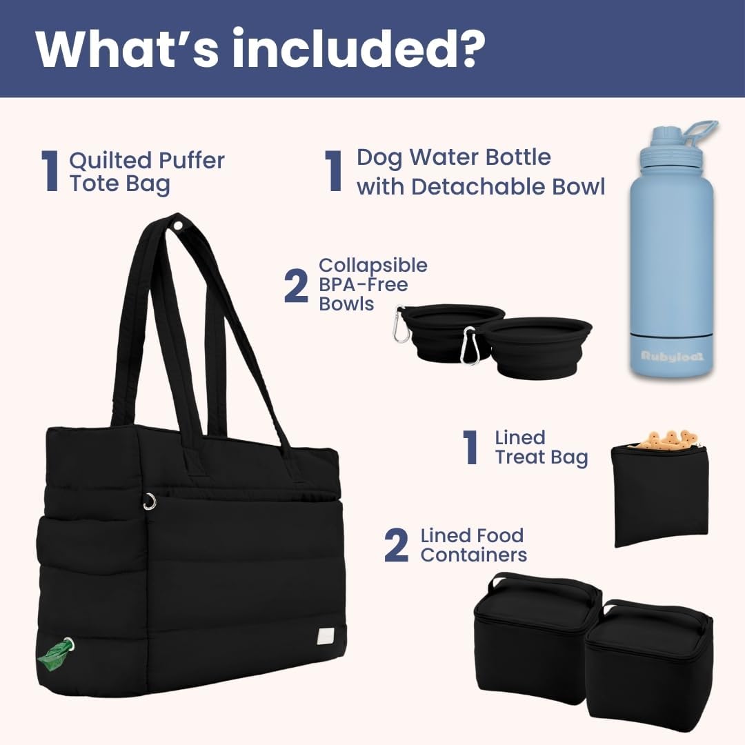 rubyloo Dog Mom Essentials Bundle - Puffer Tote with Storage Containers (Black) and 32 oz Water Bottle with Detachable Bowl (Solid Dusty Blue) - Travel Bag and Hydration Set