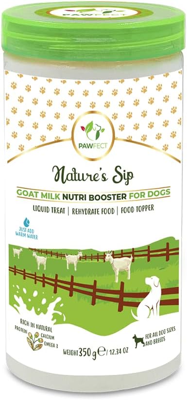 Pawfect Nature's Sip 100% Natural Goat Milk Powder for Dogs & Puppies| Easily Digestible| Source of Vitamins, Minerals, Probiotics| Healthy Topper| Hydration Support| 70 Scoops| (350g/12.34oz)