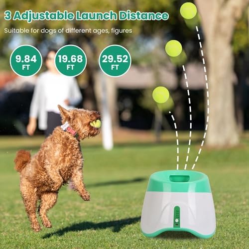 Automatic Dog Ball Launcher, Dog Ball Thrower Interactive Fetch Machine with 6 Tennis Balls 3 Adjustable Launch Distance for Small Medium Dogs
