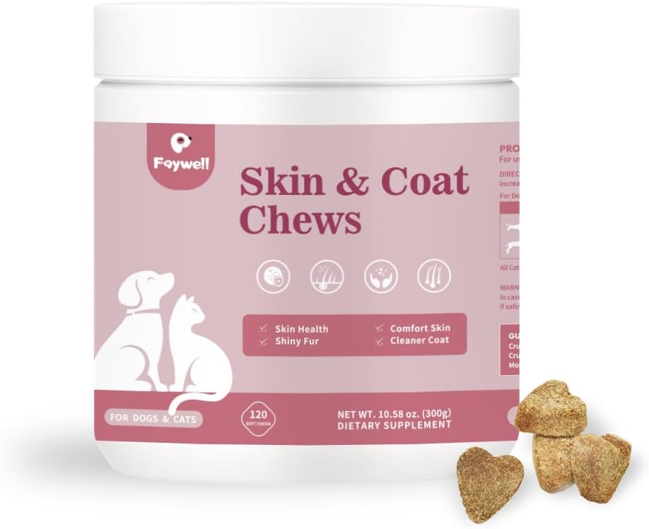 Skin & Coat Chews Supplement for Dogs & Cats, Omega & Salmon Oil Support Skin Health & Shiny Fur, 120ct/300g