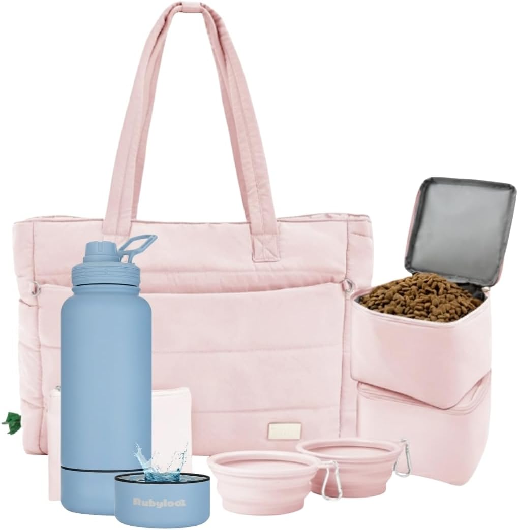 rubyloo Dog Mom Essentials Bundle - Puffer Tote with Storage Containers (Pink) and 32 oz Water Bottle with Detachable Bowl (Solid Dusty Blue) - Travel Bag and Hydration Set