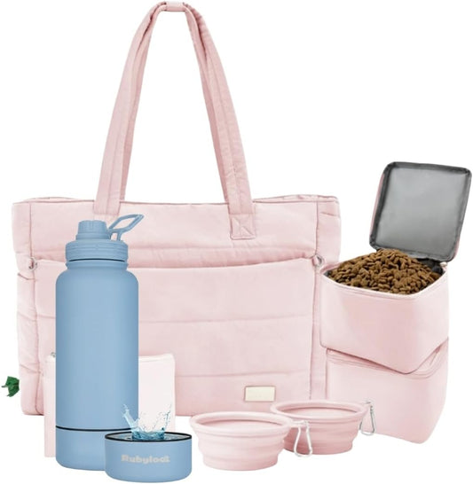rubyloo Dog Mom Essentials Bundle - Puffer Tote with Storage Containers (Pink) and 32 oz Water Bottle with Detachable Bowl (Solid Dusty Blue) - Travel Bag and Hydration Set