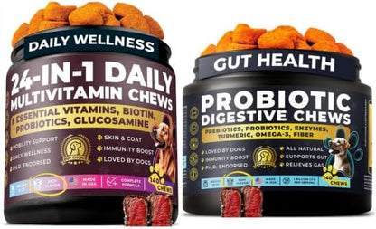 Dog Multivitamin & Probiotic Bundle – Daily Vitamins & Digestive Support Chews – Supports Gut Balance, Digestive Comfort, Skin, Coat, Immune & Joint Health – All Breeds, Puppies, Seniors 140+140 Chews