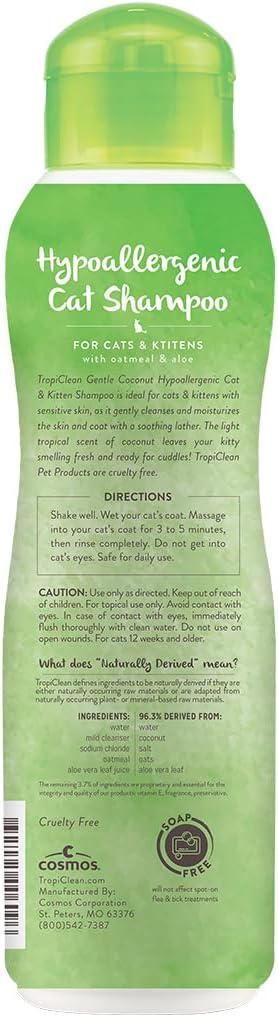 TropiClean Gentle Kitten & Cat Shampoo, Pet Shampoo for Allergies & Sensitive Skin, Made in USA, Gentle Coconut Scent, Safe for Puppies & Dogs, 12oz.
