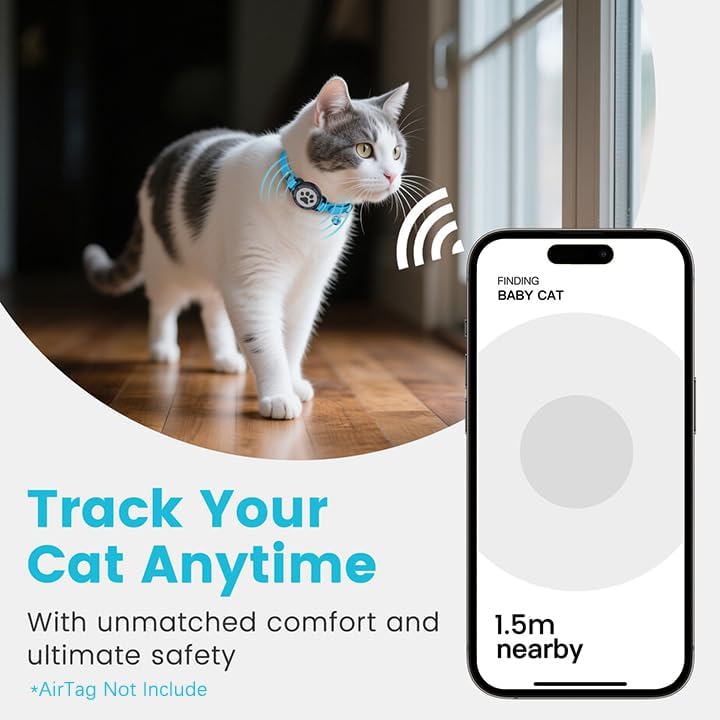 Leather Airtag Cat Collar - Waterproof Cat Collar AirTag Holder with Metal Buckle | Comfortable, Glossy Cats Tracker Collars with Bell for Girl Boy Cats, Kittens, and Puppies (Blue)