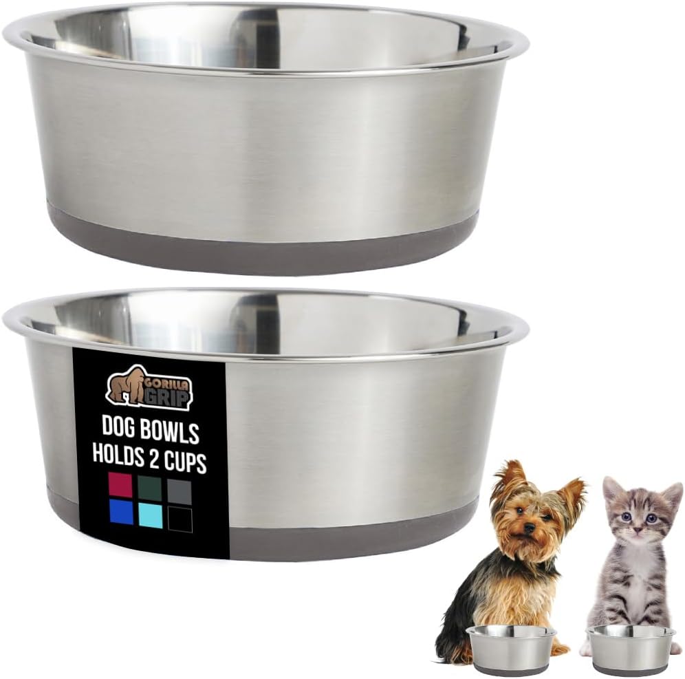 GORILLA GRIP Dog Bowls, Holds 2 Cups Each (16 fl oz), Heavy Duty Stainless Steel Food and Water Bowl for Feeding Dogs and Cats, Dishwasher Safe, Rust Resistant, BPA Free Rubber Base, Set of 2 Gray