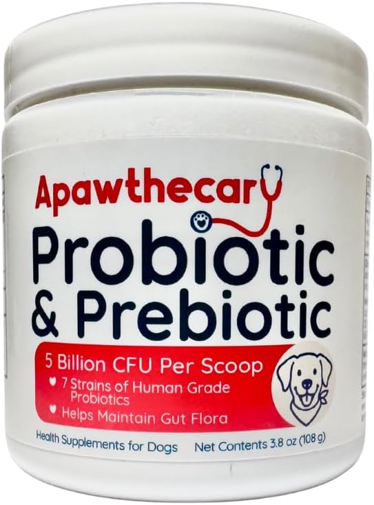 Apawthecary Probiotic and Prebiotic Supplement for Dogs, 5 Billion CFU, 7 Strains, Gut Health Support, 3.8 oz Powder with Pumpkin and Carrot
