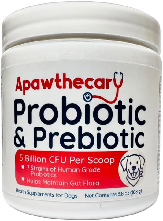 Apawthecary Probiotic and Prebiotic Supplement for Dogs, 5 Billion CFU, 7 Strains, Gut Health Support, 3.8 oz Powder with Pumpkin and Carrot