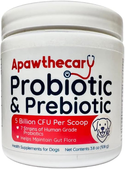 Apawthecary Probiotic and Prebiotic Supplement for Dogs, 5 Billion CFU, 7 Strains, Gut Health Support, 3.8 oz Powder with Pumpkin and Carrot