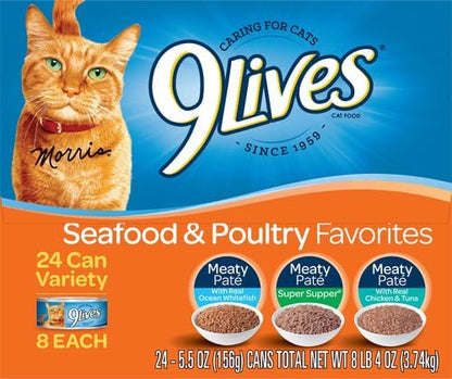 9Lives Seafood & Poultry Favorites Wet Cat Food Variety 5.5 Ounce Can (Pack of 24)