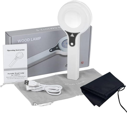 Portable Woods Lamp, Professional Woods Lamp Skin Analyzer, Rechargeable Pet Urine Detector, Built-in 3X Magnifying Mirror for Facial Skin Condition Test, w/Light Shield & Pouch