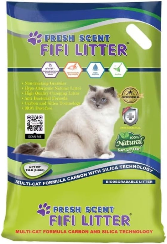 FIFI Litter® 15lbs.99.9% Dust Free,Non-Tracking,All Natural,Premium Multi-Cat Formula,Bentonite/Carbon/Silica, Aluminum Foil Bag,Quick Clumping,Long -Lasting Odor Control, Super Absorbent, Fresh Scent