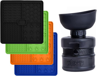 GORILLA GRIP Lick Mat for Dogs, 4Pack, Black/Green/Orange/RoyalBlue and Dog Water Bottle, 12oz, Black Bundle