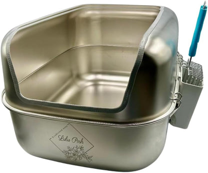 Extra-Large Metal Stainless Steel Litter Box with Stainless Detachable High Enclosure, *Exclusive* Soft-Handled Scoop with Mounted Side Box. Easy Clean, Reduces Scattering, Odor Resistant.