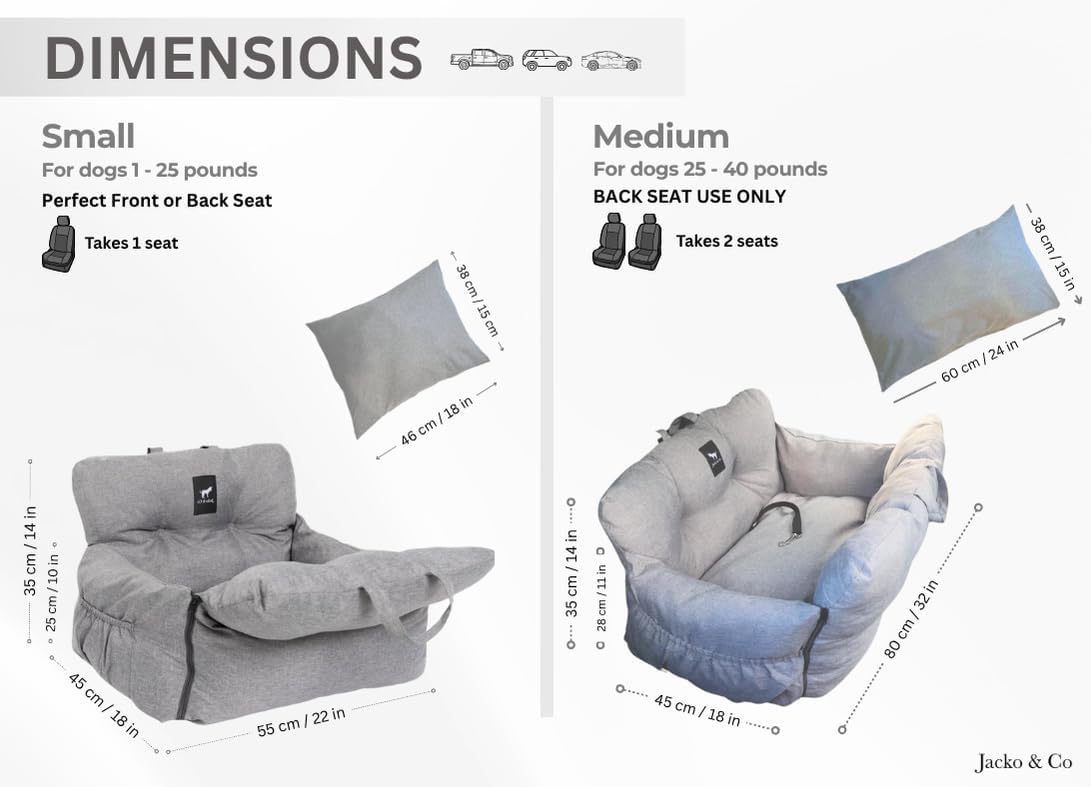 JACKO & CO Premium Dog Car Seat – Safe & Cozy Travel Bed and Carrier for Small Dogs, Puppies, Pets up to 25 lbs, Clip-On Leash & Storage Pockets, Water-Resistant, Machine Washable (Black, Small)