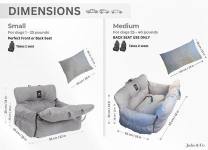 JACKO & CO Premium Dog Car Seat – Safe & Cozy Travel Bed and Carrier for Small Dogs, Puppies, Pets up to 25 lbs, Clip-On Leash & Storage Pockets, Water-Resistant, Machine Washable (Black, Small)