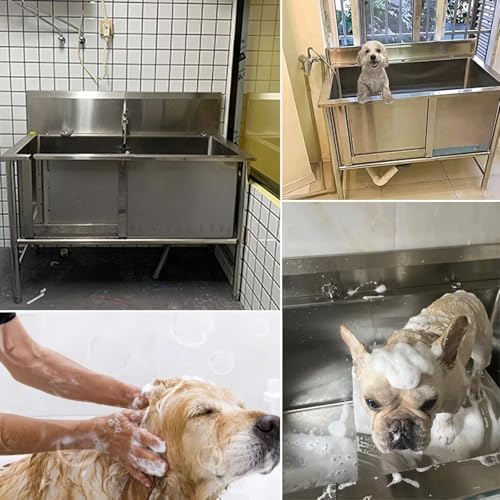 Large Dog Pool & Washing Station for All Breeds, 2-in-1 Bathtub with Retractable Faucet & Sliding Door - Ideal Outdoor Dog Bathing Solution for Home