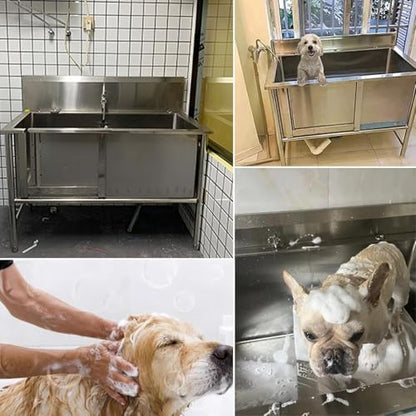 Large Dog Pool & Washing Station for All Breeds, 2-in-1 Bathtub with Retractable Faucet & Sliding Door - Ideal Outdoor Dog Bathing Solution for Home