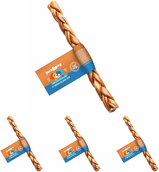 Jack&Pup 12" Braided Beef Collagen Sticks for Dogs - Rawhide Free Dog Chews Long Lasting Collagen Chews for Dogs - Bully Sticks Alternative (4 Pack)
