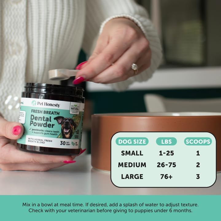 Dog Breath Freshener Dental Powder for Teeth Cleaning Plaque Off, Dental Care for Dogs, Tartar Remover for Teeth with Natural Herbal Blend + Postbiotics (Mint - 30 Servings)